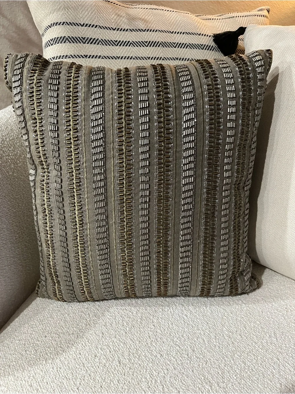 Waterford Decorative Pillow 14 x 14 Taupe with Metallic Thread & Beading
